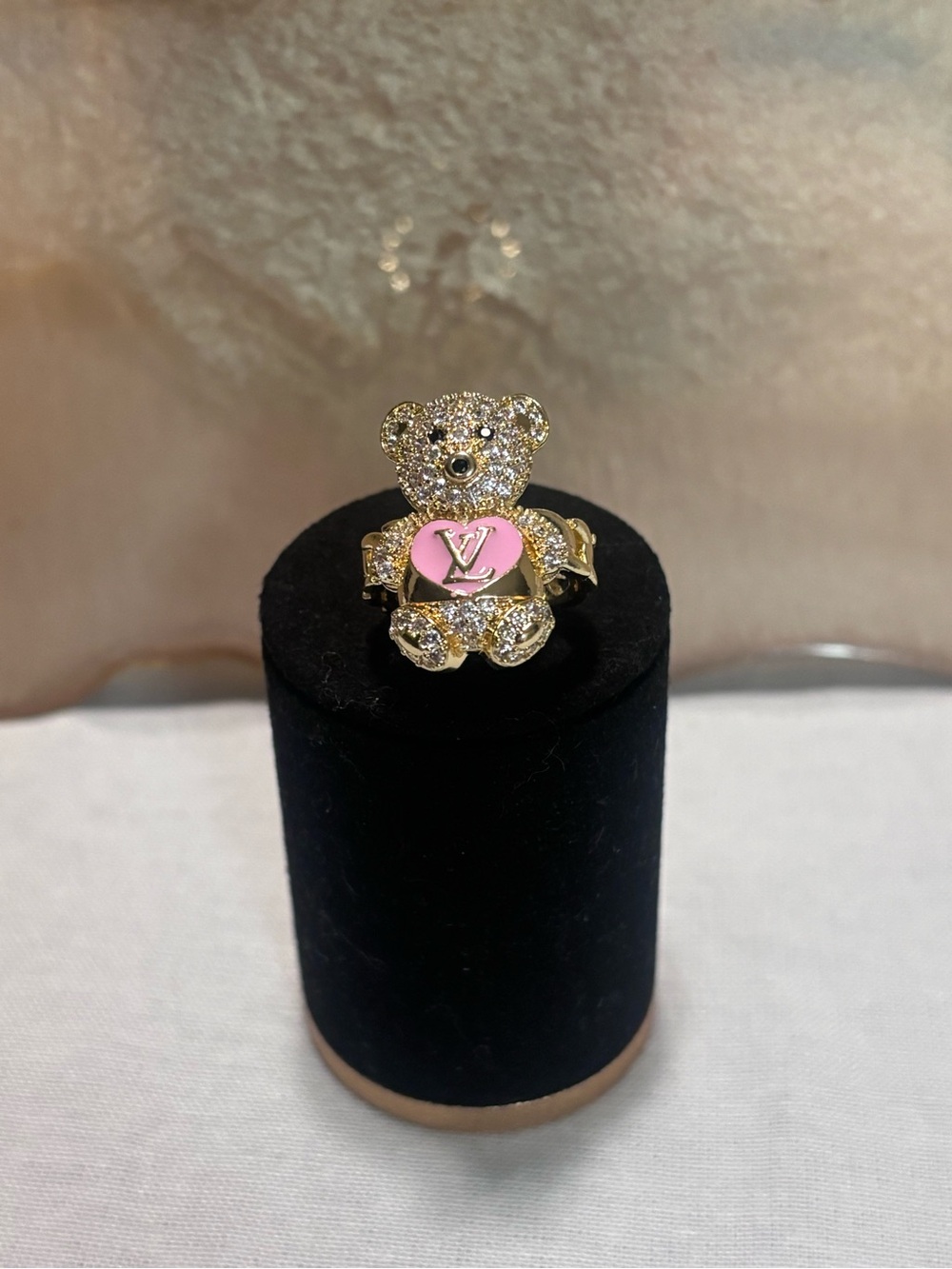 Gold Crystal Teddy Bear Ring with Pink Heart